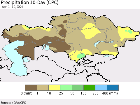 Kazakhstan Precipitation 10-Day (CPC) Thematic Map For 4/1/2024 - 4/10/2024