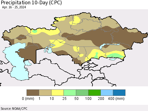Kazakhstan Precipitation 10-Day (CPC) Thematic Map For 4/16/2024 - 4/25/2024