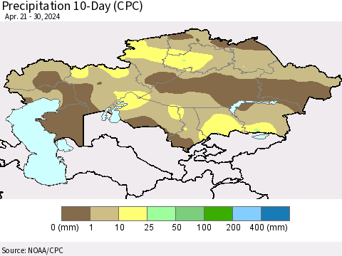 Kazakhstan Precipitation 10-Day (CPC) Thematic Map For 4/21/2024 - 4/30/2024