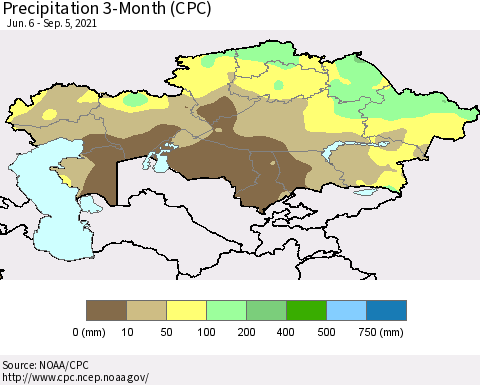 Kazakhstan Precipitation 3-Month (CPC) Thematic Map For 6/6/2021 - 9/5/2021