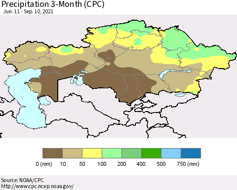 Kazakhstan Precipitation 3-Month (CPC) Thematic Map For 6/11/2021 - 9/10/2021