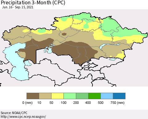 Kazakhstan Precipitation 3-Month (CPC) Thematic Map For 6/16/2021 - 9/15/2021