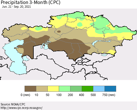 Kazakhstan Precipitation 3-Month (CPC) Thematic Map For 6/21/2021 - 9/20/2021