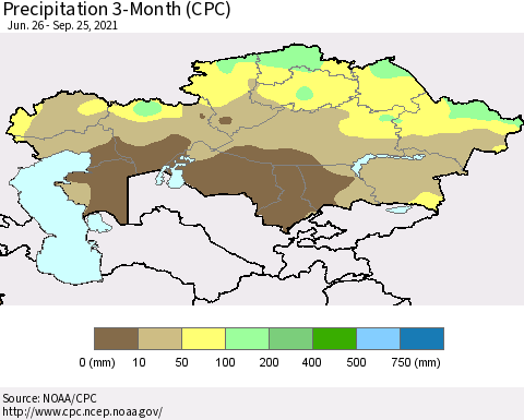 Kazakhstan Precipitation 3-Month (CPC) Thematic Map For 6/26/2021 - 9/25/2021