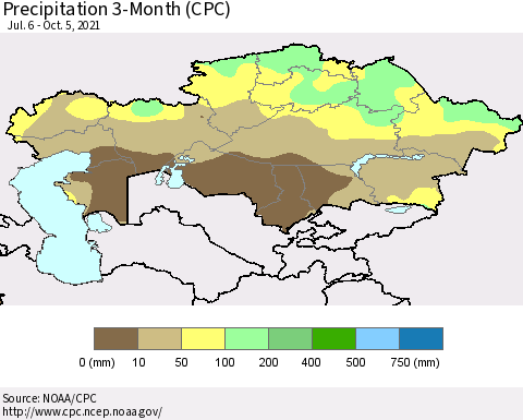 Kazakhstan Precipitation 3-Month (CPC) Thematic Map For 7/6/2021 - 10/5/2021