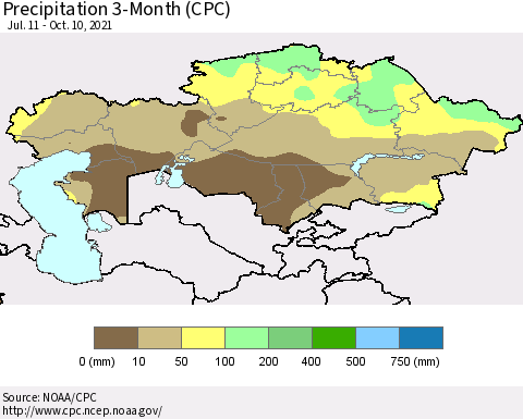 Kazakhstan Precipitation 3-Month (CPC) Thematic Map For 7/11/2021 - 10/10/2021