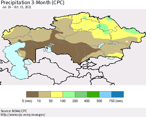 Kazakhstan Precipitation 3-Month (CPC) Thematic Map For 7/16/2021 - 10/15/2021