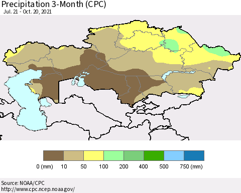 Kazakhstan Precipitation 3-Month (CPC) Thematic Map For 7/21/2021 - 10/20/2021