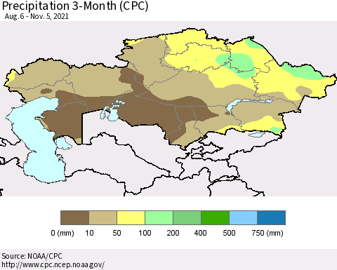 Kazakhstan Precipitation 3-Month (CPC) Thematic Map For 8/6/2021 - 11/5/2021
