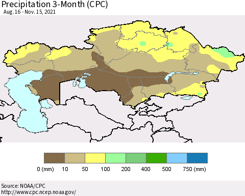 Kazakhstan Precipitation 3-Month (CPC) Thematic Map For 8/16/2021 - 11/15/2021