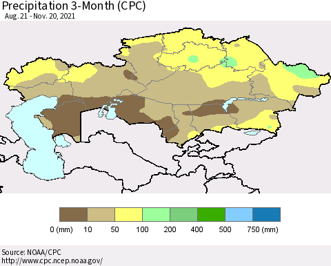 Kazakhstan Precipitation 3-Month (CPC) Thematic Map For 8/21/2021 - 11/20/2021