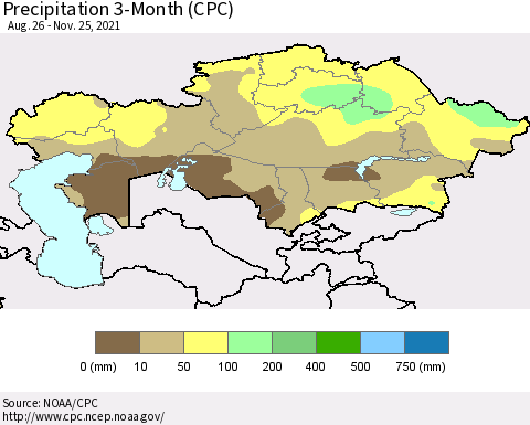 Kazakhstan Precipitation 3-Month (CPC) Thematic Map For 8/26/2021 - 11/25/2021