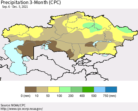 Kazakhstan Precipitation 3-Month (CPC) Thematic Map For 9/6/2021 - 12/5/2021