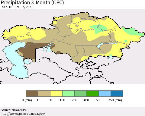 Kazakhstan Precipitation 3-Month (CPC) Thematic Map For 9/16/2021 - 12/15/2021