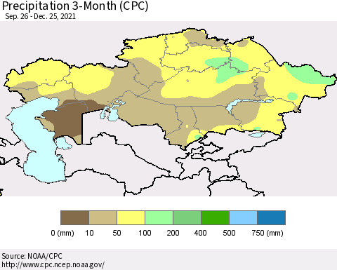 Kazakhstan Precipitation 3-Month (CPC) Thematic Map For 9/26/2021 - 12/25/2021