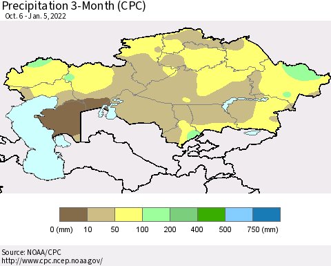 Kazakhstan Precipitation 3-Month (CPC) Thematic Map For 10/6/2021 - 1/5/2022