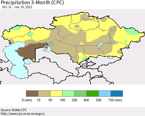 Kazakhstan Precipitation 3-Month (CPC) Thematic Map For 10/11/2021 - 1/10/2022