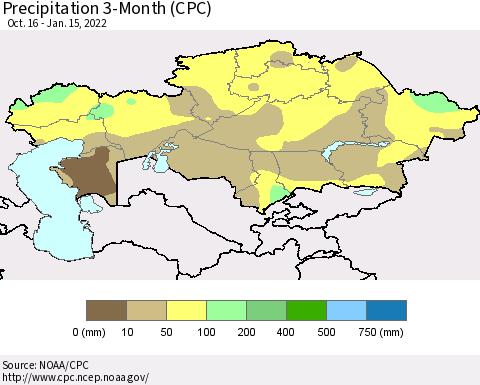 Kazakhstan Precipitation 3-Month (CPC) Thematic Map For 10/16/2021 - 1/15/2022
