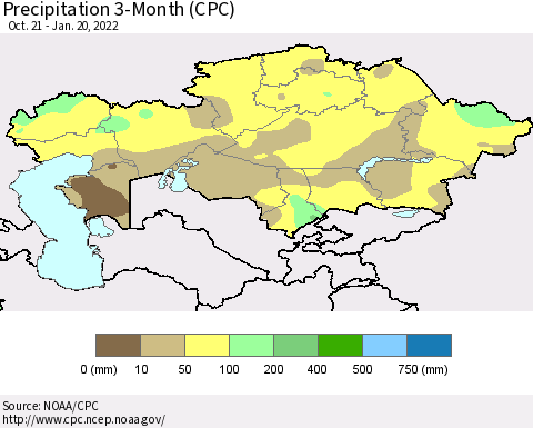 Kazakhstan Precipitation 3-Month (CPC) Thematic Map For 10/21/2021 - 1/20/2022