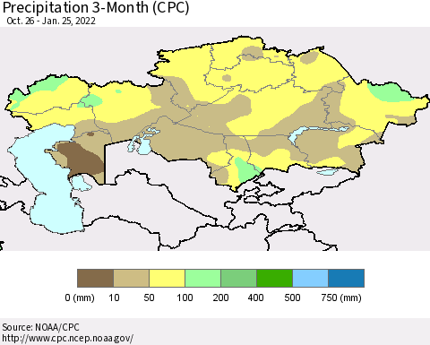 Kazakhstan Precipitation 3-Month (CPC) Thematic Map For 10/26/2021 - 1/25/2022