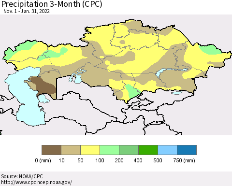 Kazakhstan Precipitation 3-Month (CPC) Thematic Map For 11/1/2021 - 1/31/2022