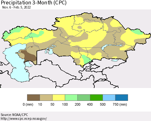 Kazakhstan Precipitation 3-Month (CPC) Thematic Map For 11/6/2021 - 2/5/2022