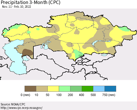Kazakhstan Precipitation 3-Month (CPC) Thematic Map For 11/11/2021 - 2/10/2022