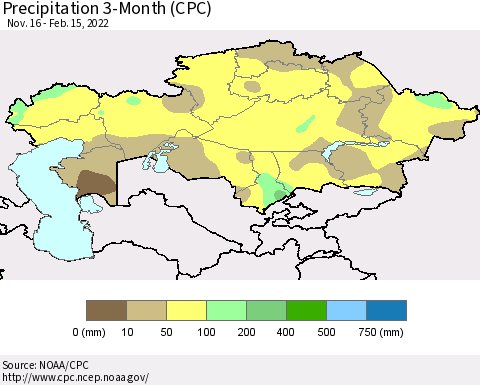 Kazakhstan Precipitation 3-Month (CPC) Thematic Map For 11/16/2021 - 2/15/2022