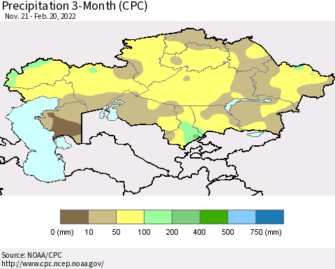 Kazakhstan Precipitation 3-Month (CPC) Thematic Map For 11/21/2021 - 2/20/2022