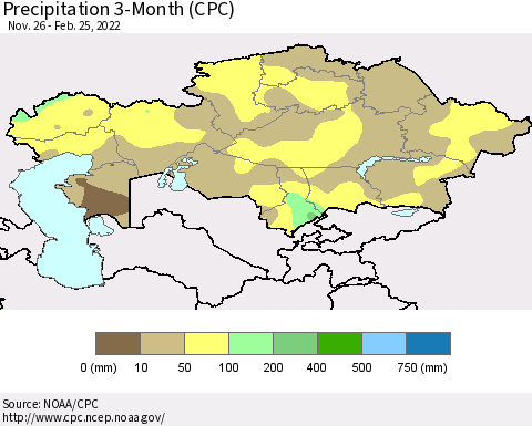 Kazakhstan Precipitation 3-Month (CPC) Thematic Map For 11/26/2021 - 2/25/2022