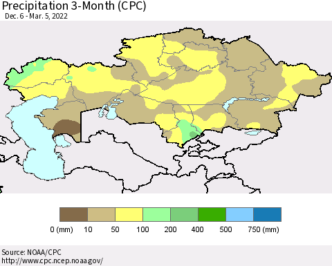 Kazakhstan Precipitation 3-Month (CPC) Thematic Map For 12/6/2021 - 3/5/2022