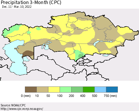 Kazakhstan Precipitation 3-Month (CPC) Thematic Map For 12/11/2021 - 3/10/2022