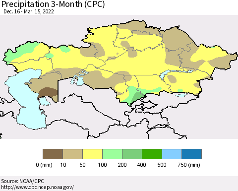 Kazakhstan Precipitation 3-Month (CPC) Thematic Map For 12/16/2021 - 3/15/2022