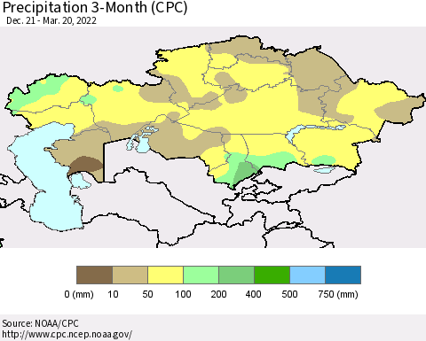 Kazakhstan Precipitation 3-Month (CPC) Thematic Map For 12/21/2021 - 3/20/2022