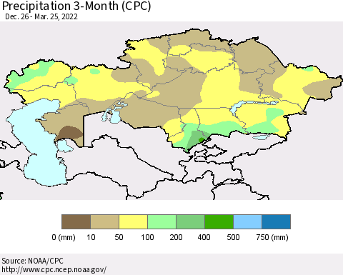Kazakhstan Precipitation 3-Month (CPC) Thematic Map For 12/26/2021 - 3/25/2022