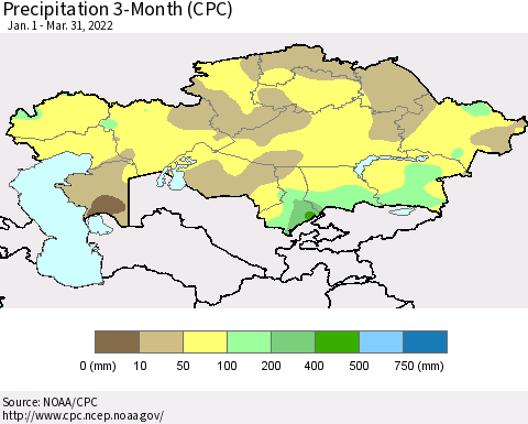 Kazakhstan Precipitation 3-Month (CPC) Thematic Map For 1/1/2022 - 3/31/2022