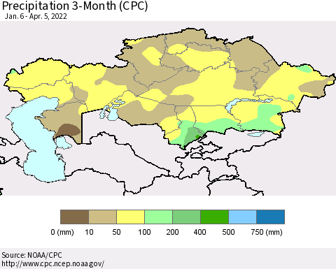 Kazakhstan Precipitation 3-Month (CPC) Thematic Map For 1/6/2022 - 4/5/2022