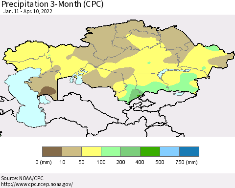 Kazakhstan Precipitation 3-Month (CPC) Thematic Map For 1/11/2022 - 4/10/2022