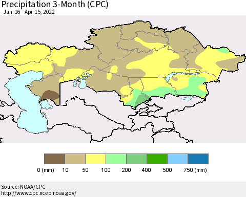 Kazakhstan Precipitation 3-Month (CPC) Thematic Map For 1/16/2022 - 4/15/2022