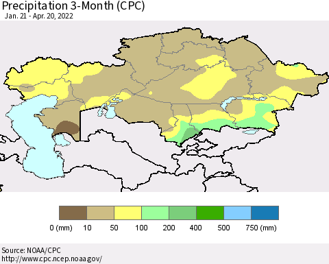 Kazakhstan Precipitation 3-Month (CPC) Thematic Map For 1/21/2022 - 4/20/2022