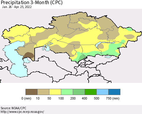Kazakhstan Precipitation 3-Month (CPC) Thematic Map For 1/26/2022 - 4/25/2022