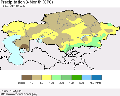 Kazakhstan Precipitation 3-Month (CPC) Thematic Map For 2/1/2022 - 4/30/2022