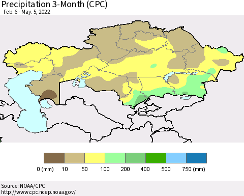 Kazakhstan Precipitation 3-Month (CPC) Thematic Map For 2/6/2022 - 5/5/2022