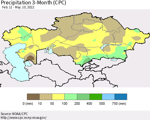 Kazakhstan Precipitation 3-Month (CPC) Thematic Map For 2/11/2022 - 5/10/2022