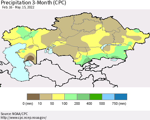 Kazakhstan Precipitation 3-Month (CPC) Thematic Map For 2/16/2022 - 5/15/2022