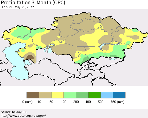 Kazakhstan Precipitation 3-Month (CPC) Thematic Map For 2/21/2022 - 5/20/2022
