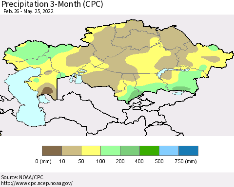 Kazakhstan Precipitation 3-Month (CPC) Thematic Map For 2/26/2022 - 5/25/2022