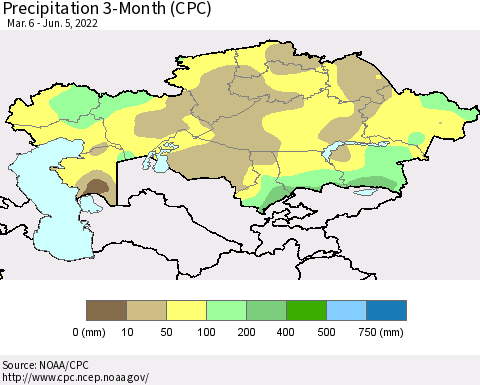Kazakhstan Precipitation 3-Month (CPC) Thematic Map For 3/6/2022 - 6/5/2022