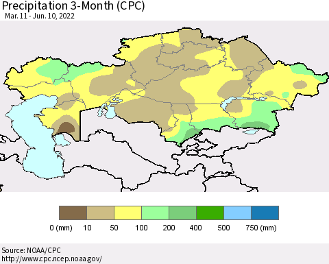 Kazakhstan Precipitation 3-Month (CPC) Thematic Map For 3/11/2022 - 6/10/2022