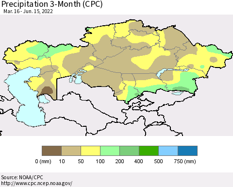 Kazakhstan Precipitation 3-Month (CPC) Thematic Map For 3/16/2022 - 6/15/2022